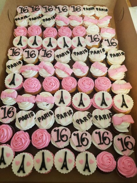 Paris theme cupcakes Paris Cupcake Ideas, Paris Themed Sweet 16 Party, Sweet 16 Paris Theme Ideas, French Cupcakes, Paris Birthday Cakes, Sweet Sixteen Themes, Paris Cupcakes, Parisian Birthday, Paris Themed Cakes