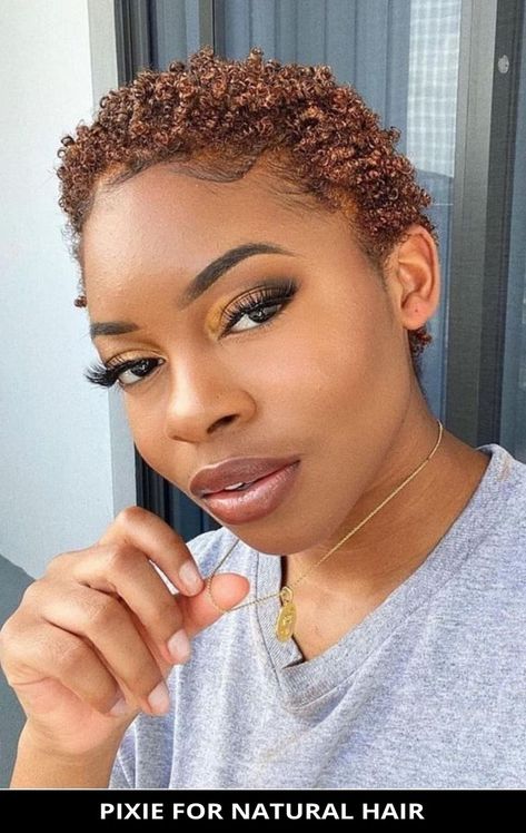 At your next hair appointment, ask for this fabulous pixie for natural hair if you need a fresh cut! Tap visit to be inspired by more of the 23 popular ideas for pixie cuts for black women. // Photo Credit: @unknownhair on Instagram Chocolate Brown Short Hair Black Women, Short Hair Honey Brown, Short Dyed Brown Hair, Brown Short Hair Colors, Honey Brown Short Hair Black Women, Color On Short Natural Hair Black Women, Short Texturized Hair For Black Women, Short Hair Colour Ideas For Brown Skin, Brown Twa Natural Hair