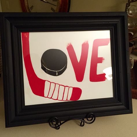 Hockey love painted canvas and frame Hockey Painting Ideas On Canvas, Hockey Painting, Canvas For Boyfriend, Social Artworking, Hockey Crafts, Boyfriend Things, Hockey Art, Children Crafts, Paint Canvas