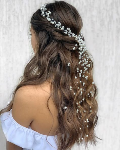 Pearl Hairstyles Down, Wedding Hair Styles With Pearls, Wedding Hair With Rhinestones, Wedding Hairstyles For Long Hair With Pearls, Pearls Hair Wedding, Bridal Hair Pearls Down, Perl Hairstyles, Wedding Hairstyles Half Up Half Down With Pearls, Pearl Half Up Half Down