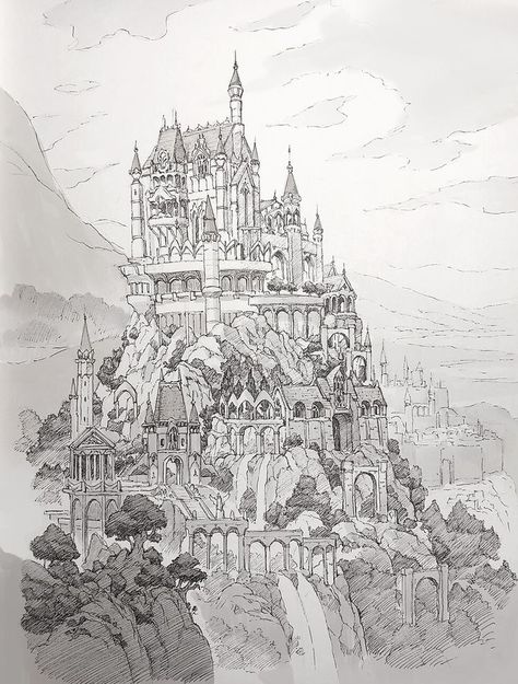 Castle Drawing Reference, Sketch Castle, Anime Study, Castle Sketch, Castle Drawing, Bangunan Minecraft, Castle Art, Perspective Art, Architecture Drawing Art