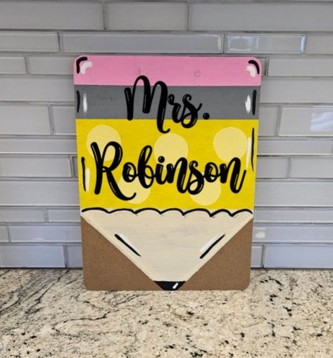 Yellow, pink, Gray Personalized Gifts For Teachers, Clipboard Ideas, Teacher Clipboard, Painting Teacher, Simple Canvas Paintings, Pencil Painting, Personalized Teacher Gifts, Pittsburgh Pennsylvania, Gifts For Teachers