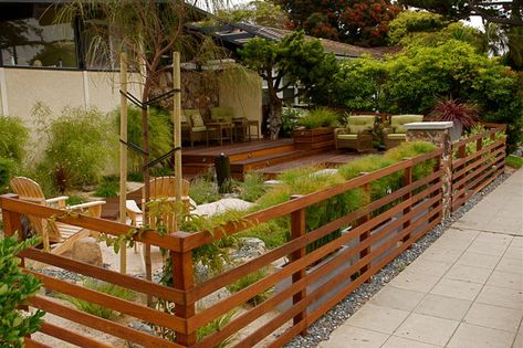 Horizontal Hardwood Fencing - Asian - Terrace - San Diego - by SD Independent Construction | Houzz UK Horizontal Wood Fence, Low Fence, Led Deck Lighting, Front Fence, Horizontal Fence, Front Yard Fence, Pond Design, Rock Garden Landscaping, Decks Backyard