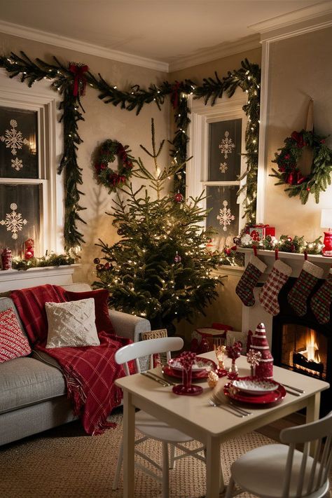 Christmas Inspo Decor Apartment, Christmas Decorating For Small Spaces, Christmas Apartment Living Room, Cozy Living Rooms Christmas, Christmas Decor Ideas Apartment Small Cozy, Cozy Apartment Christmas Decor, Small Apt Christmas Decor, Small Home Christmas Decor Living Room, Christmas Decoration Apartments