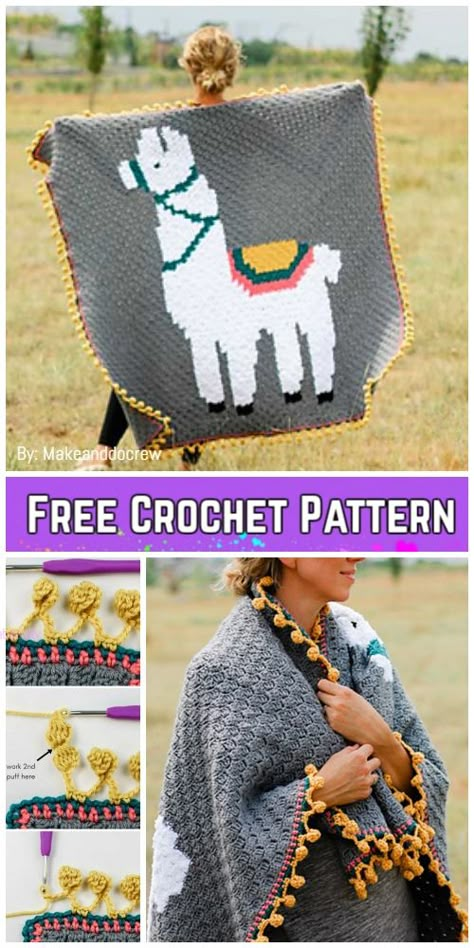 C2C Crochet Llama Blanket Free Crochet Pattern Lapghan Crochet, Llama Blanket, Crochet Llama, Crochet Square Pattern, Granny Square Häkelanleitung, C2c Blanket, C2c Crochet Blanket, Crochet For Beginners Blanket, Corner To Corner