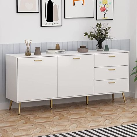 Amazon.com - Homsee Sideboard Cabinet with 3 Drawers & 2 Doors, Modern Kitchen Buffet Storage Console Cabinet with Metal Legs for Living Room, Dining Room & Entryway, White (69”L x 15.6”W x 30”H) - Dining Room Furniture Tv Cabinets With Doors, Living Room Buffet, White Sideboard Buffet, Small Table And Chairs, Modern Sideboard Buffet, Large Storage Cabinets, Console Storage, Large Sideboard, Console Cabinet