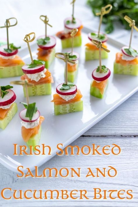 Irish Smoked Salmon and Cucumber Bites with Radishes | Irish American Mom Irish Party Food, Irish Potato Bites, Spicy Chicken Bites, Salmon And Cucumber, Irish Appetizers, Toothpick Appetizers, Cucumber Appetizers, Burger Bites, Potato Appetizers