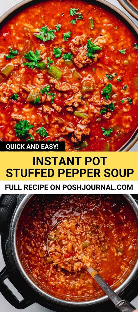 Easy Instant Stuffed Pepper Soup recipe. loaded with ground beef, bell pepper, rice in a savory broth. The instant pot makes this soup ready in a fraction of the time. It's absolutely the best soup recipe to make on busy weeknights. #stuffedpepperosup #instantpotrecipes #instantpotsoup #instantpotstuffedpeppersoup #rice #groundbeef Instant Pot Stuffed Pepper Soup, Bell Pepper Rice, Stuffed Pepper Soup Recipe, Green Pepper Soup, Pepper Soup Recipe, Pepper Rice, Soup Tomato, The Best Soup, Comfort Recipes