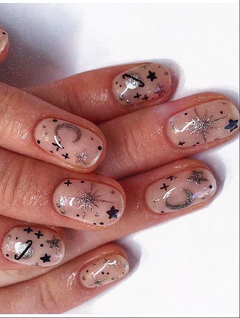 Short Nails Stars Design, Star Short Nails, Short Star Nails, Punk Prom, Cosmic Nails, Nails March, Planet Nails, Unghie Nail Art, Space Nails