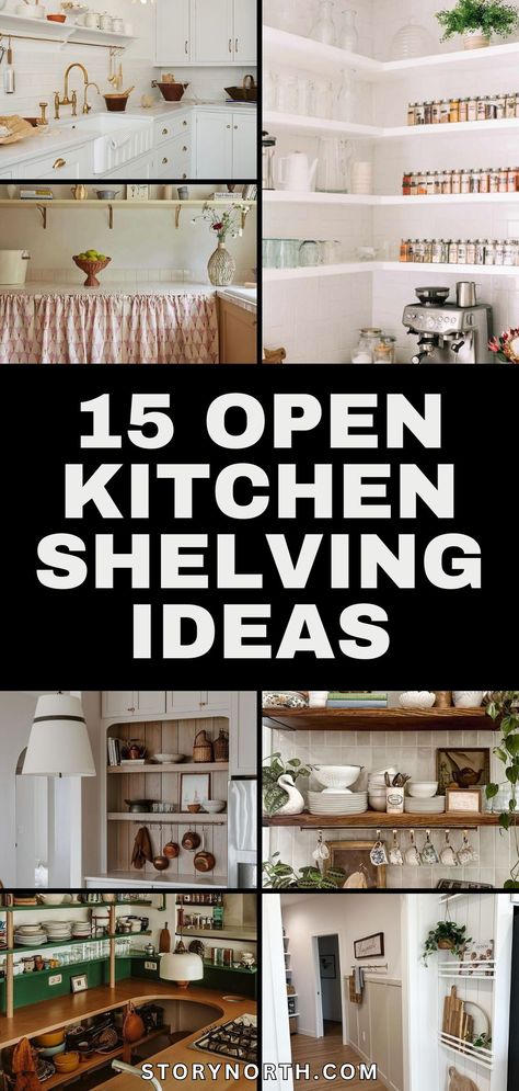 Save this pin for creative and practical open shelving ideas to enhance your kitchen decor! Discover how these innovative designs can add style and functionality to your space. #KitchenDecor #HomeDesignIdeas #OpenShelving #InteriorInspiration Open Shelves Between Cabinets In Kitchen, Unique Kitchen Shelves, Kitchen Floor To Ceiling Shelves, Wall Shelves For Kitchen, Open Kitchen Cabinets No Doors, Kitchen Wall Shelving, Open Lower Kitchen Cabinets, Open Shelf Kitchen Decor, Open Kitchen Shelving Ideas