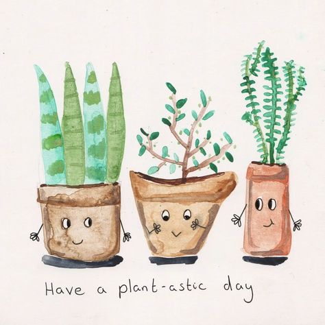 Have a plant-astic day ---- 3 little illustrated plant pots with plants growing out of them with Happy smily faces to cheer up your day. ---- #illustration #houseplants #gardening #puns #cuteillustrations #punnyillustration #charlotsart Pun Doodles, Doodle Puns, Gardening Puns, Pots With Plants, Garden Puns, Plant Puns, Plants Growing, Plant Illustration, Plant Pots