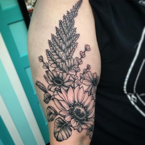 Kylie Gibson on Instagram: “More botanicals! #botanicaltattoo #blackworktattoo #ferntattoo #sunflowertattoo” Fern And Flower Tattoo Sleeve, Botanical Sunflower Tattoo, Spooky Floral Sleeve Tattoo, Sunflower Body Tattoo, Skull With Wildflowers Tattoo, Fern Tattoo, Floral Sleeve, Botanical Tattoo, Sunflower Tattoo