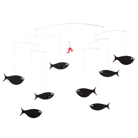 FM 030 Shoal Of Fish Fish Mobile, Shoal Of Fish, Red Worms, Wooden Brackets, Baby Cradle, Kinetic Sculpture, Nursery Mobile, Mobile Shop, Modern Nursery