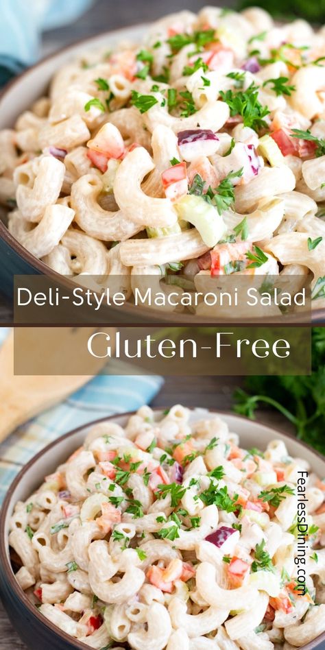 Macaroni Salad Dairy Free, Gluten Free Mac Salad, Gluten Free Cold Salads, Gluten Free Cold Pasta Salad, Gluten Free Dishes For Potluck, Gluten Free Beach Food, Potluck Dishes Gluten Free, Gluten Free Pasta Salad Recipes Cold, Gluten Free Bbq Sides