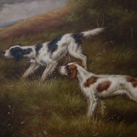 English Oil On Canvas Hunting Dogs {24.75”w x 21”h} Signed Hunting Dogs Aesthetic, Hunting Dog Painting, Hunting Dog Aesthetic, Hunting Aesthetic, Artemis Aesthetic, Antique Objects, Hunting Dog, Walking In The Rain, Interior Photography