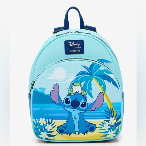 Time To Chill On The Beach, But Don't Forget Your Essentials! Pack This Mini Backpack With Your Beach Things; The Bag Features Stitch With His Frog Friend Chilling At The Beach. Interior Pocket And Adjustable Straps. 8 1/2" X 5 1/2" X 10" Disney Loungefly Backpack Moana, Stitch Merch, Stitch Things, Chilling At The Beach, Disney Backpack, Backpack Purses, Stitch Backpack, Beach Things, Stitch Stuff