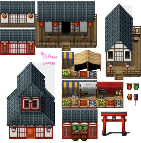 Japanese House Pixel Art, Pixel House Art, Pokemon Buildings, Rpg Maker Tileset, Pixel Furniture, Japanese House Art, Pixel Art House, Pixel Art Tileset, Dnd Landscape