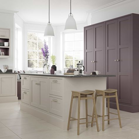 Aubergine Kitchen, Breakfast Bar Island, 1909 Kitchens, Bar Cupboard, Cashmere Kitchen, Bar Island, Two Tone Kitchen Cabinets, Kitchen Cabinet Trends, Pantry Cupboard