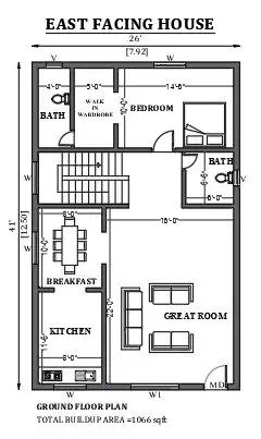 26'x41' East facing house plan as per Vastu shastra is given in this FREE 2D Autocad drawing file. The total built-up area of the plan is 1066sqft. download this 2D Autocad drawing file. Garage Front House, East Facing House Plan, Building A House Cost, Low Cost House Plans, 2d Autocad Drawing, 30x50 House Plans, Drawing House Plans, Budget House Plans, 20x40 House Plans