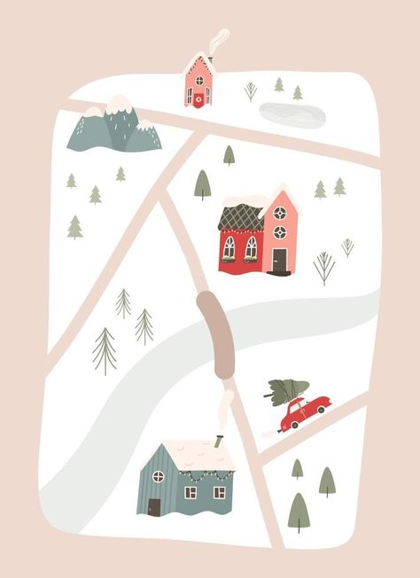 Winter snowy map with roads, river, car, houses and trees with mountain - flat vector illustration. Christmas celebration greeting card. Houses Background, Colored Houses, Map Games, Kids Vector, Vector Sketch, Pretty Christmas, Flat Vector, Illustrated Map, Vector Hand