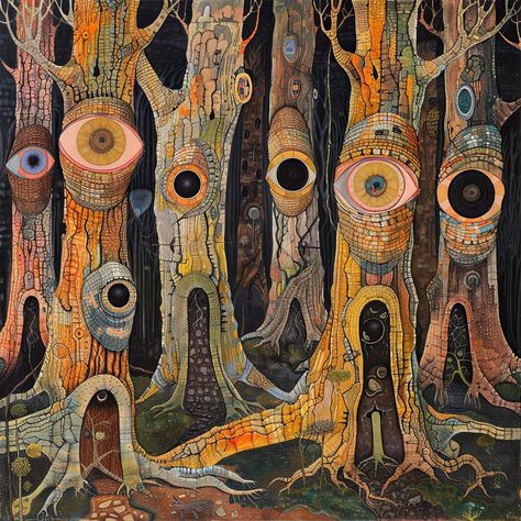 "Forest of Watchful Eyes" presents a surreal vision of a forest where trees come alive with watchful eyes embedded in their trunks. How does the eerie and mystical atmosphere of this piece make you feel? 🌲👁️ Explore more at: https://buff.ly/3yAyeVg #AbstractArt #Surrealism #OilPainting #ArtGallery #ModernArt #ArtLovers #CreativeExpression #AbstractExpressionism #ArtCollector #ArtCommunity #Inspiration #SurrealArt #ErikPostnieks #AbstractRebellion Surreal Forest, Surrealism Photography, Outsider Art, Surreal Art, Community Art, Creative Expressions, Art Collector, Abstract Expressionism, Make You Feel