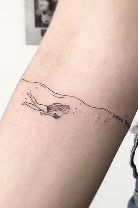 Wild Swimming Tattoo Ideas, Wild Swimming Tattoo, Lap Tattoo Women, Woman Swimming Tattoo, Floating In Water Tattoo, Swimming Pool Tattoo, Snorkeling Tattoo, Swim Tattoo Ideas, Snorkel Tattoo