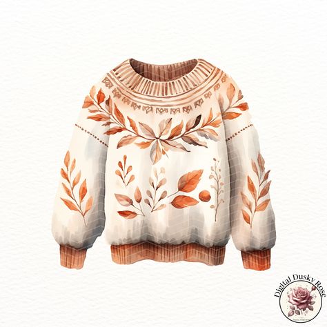 Watercolor Autumn Leaves Sweater Clipart: Cozy Nordic White Knit Jumper with Orange Hues Fall Leaves for Journaling and Scrapbooking https://digitalduskyrose.etsy.com/listing/1776317665 Wrap your projects in the warmth of autumn with our Watercolor Autumn Leaves Sweater Clipart collection. This set features 12 beautifully illustrated designs of cozy Nordic white knit sweaters adorned with vibrant orange-hued fall leaves, perfect for adding a touch of seasonal charm to your creative endeavor... Watercolor Sweater, Sweater Watercolor, Sweater Clipart, Watercolor Autumn Leaves, Fall Stickers, Autumn Clipart, Orange Hues, Autumn Stickers, White Knit Sweater