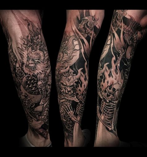 Monkey King and skulls leg sleeve completed @inkworkshops @chronicink Wukong Tattoo, Tattoo Chinese, Japanese Monkey, Tattoo Sites, Asian Tattoos, Arm Sleeve Tattoos, Leg Sleeve, Best Sleeve Tattoos, Leg Sleeves