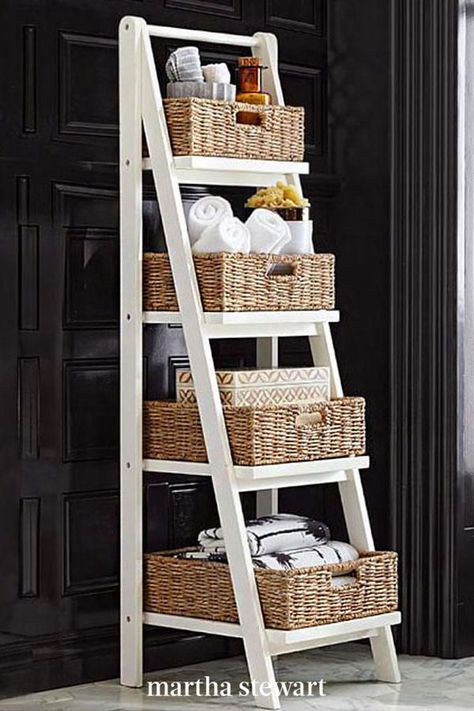 Beautifully crafted from pine wood, this storage ladder adds dimension and height to your bathroom décor. You can store towels and toiletries directly onto its four shelves or incorporate baskets into the look. #marthastewart #organization #organizationideas #declutter #tipsandadvice Bathroom Standing Shelf, Bathroom Storage Cabinets, Shelf With Baskets, Bathroom Ladder, Bathroom Floor Storage Cabinet, Bathroom Standing Cabinet, Wall Storage Cabinets, Personal Gym, Bathroom Stand