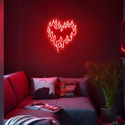 Heart Fire Neon Sign, Cool Red Heart Fire Flame Shape Led Neon Light, Handmade Aesthetic Heart Fire Night Lamp for Wall Decor, Bedroom Birthday Gift Valentine's Day Home Dorm Party Kid's Room - 13'' Heart Themed Room, Red Themed Room, Red Apartment Decor, Red Dorm, Red Leather Couches, Red Room Decor, Red Apartment, Moody Interior Design, Fire Night