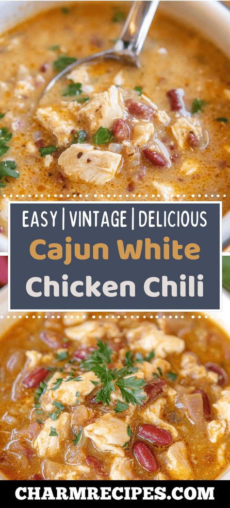 Cajun White Chicken Chili Cajun White Chicken Chili, White Chilli Recipes, Cajun Food Recipes, Cajun Chili, Chili Base, White Chicken Chili Soup, White Chilli, Chili Bean Soup, Chicken Chili Soup