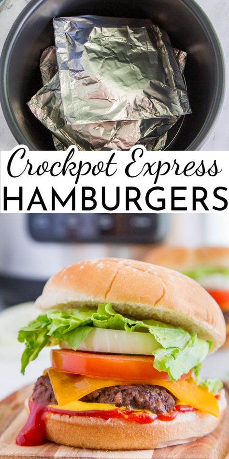 Juicy and easy to prepare, Crockpot Express Hamburgers are perfect for any weeknight dinner! Pile on all your favorite toppings and make it a burger night.  via @nmburk Hamburger Crockpot Recipes, Hamburger In Crockpot, How To Cook Hamburgers, Crockpot Express, Hamburgers Grilled, Crock Pot Food, Easy Crockpot Dinners, Electric Pressure Cooker Recipes, Large Family Meals