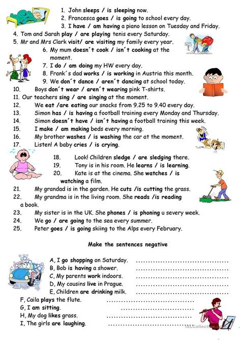 Present simple and continuous Simple Present Tense Worksheets, Present Continuous Worksheet, Tenses English, Simple Present Tense, Esl Teaching Resources, Present Continuous, Simple Subject, English Worksheet, Subject And Predicate