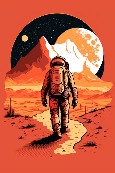 Immerse yourself in the endless universe with our stunning print art showcasing a lone astronaut trekking along a rocky mountain path on a barren planet. Against a captivating backdrop of a tranquil sky and utter isolation, this artwork transports you to an otherworldly realm. Ideal for space enthusiasts, astronomers, and those who appreciate the enigmatic allure of the cosmos. #givememood #astronaut #spaceexploration #universe #printart #solitude #isolation #astronomy #otherworldly #homedecor Astronaut Comic Art, Astronaut Art Wallpaper, Trekking Tattoo, Space Man Art, Space Art Aesthetic, Barren Planet, Path Drawing, Path Illustration, Outer Space Drawing