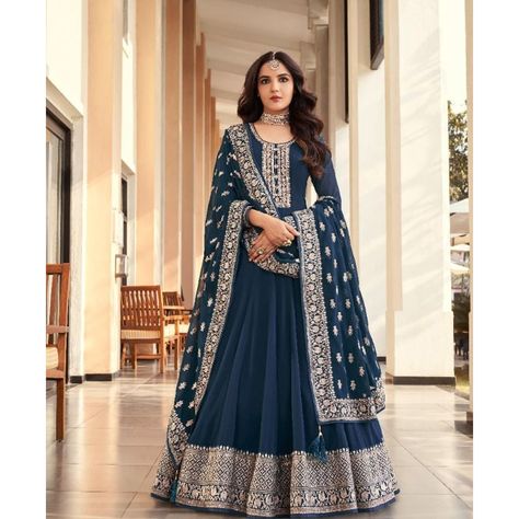 Georgette Anarkali Suits, Blue Anarkali, Anarkali Dresses, Georgette Anarkali, Gown With Dupatta, Long Anarkali, Designer Anarkali Suits, Gown Suit, Green Lehenga