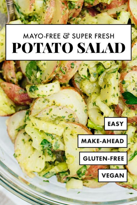 This healthy potato salad recipe is full of fresh flavor. It's mayo-free and so easy to make (and vegan, too!). It'll be a big hit at your next party! #potatosalad #veganrecipe #glutenfree #potluck #memorialday #cookieandkate Healthy Potato Salad, Potato Salad No Mayo, Healthy Potato Salad Recipe, Herbed Potato Salad, French Potato Salad, Healthy Potato, Cookie And Kate, Red Potato Salad, Potato Salad Healthy