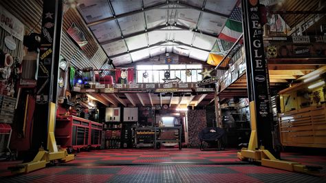 #RATRODGARAGE #DADDYSGARAGE #MANCAVE #RATROD #FLIPMODECONCEPTS Loft Garage, Garage Atelier, Mechanical Workshop, Mechanic Shop, Car Workshop, Cave Home, Mechanic Garage, Man Cave Home Bar, Garage Interior