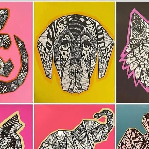 Osage Trail Middle School ART on Instagram: "🤩 Geometric Zentangle Animal 🤩  . This is such an easy and calming project and students get to choose from 16 different animals!  . . Step-by-step directions for this project are available on my TPT Store. The link is in my profile.  . . .  #art #artistsoninstagram #artclass #artclassroom #artproject #kidsartproject #middleschool #middleschoolart #middleschoolartteacher #schoolwork #artteachersofinstagram #artteacher #artteacherlife #artteachersofig #artproject #tpt #tptteacher #teachersoftpt  #drawing #artsy #homeschool #homeschoolart #turtle #zentangle" Turtle Zentangle, Art Lesson Plans Middle School, Op Art Projects, Middle School Projects, Zentangle Animals, 7th Grade Art, High School Art Lessons, Animal Art Projects, Middle School Art Projects