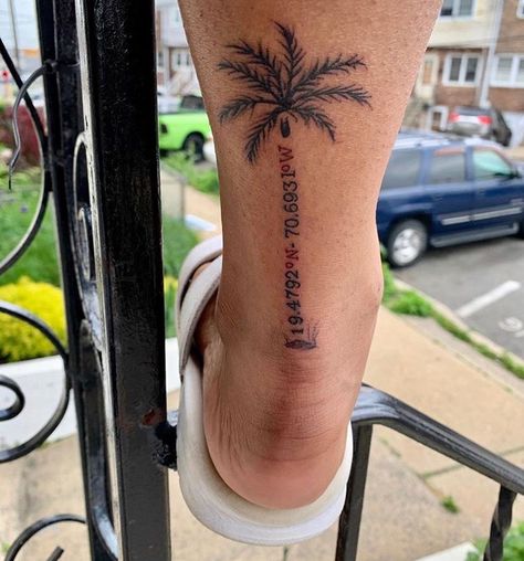 Palm Tree Tattoo Ankle, Small Dog Tattoos, Shell Tattoos, Palm Tattoos, Palm Tree Tattoo, Birth Flower Tattoos, Tree Tattoo, Simplistic Tattoos, Word Tattoos