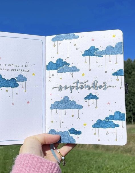 September Bujo Cover, Cloud Drawings, September Bujo, Doodle Practice, Bujo Themes, Bujo Cover, Bullet Journal September, Bullet Journal Month, Bullet Journal Ideas Templates