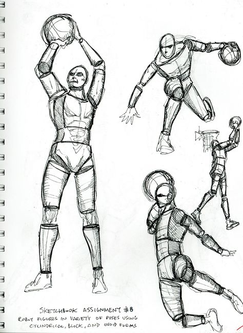 2015 Figure Drawing - Citrus College Sketchbook Homework: Draw several figures in a variety of poses using Cylindrical, Block, and Ovoid froms, using ink pen only (no pencil) Page 1 of 2: In order to make this a bit more fun for myself, I decided to use poses from none other than my favorite basketball player ever (the greatest of all, btw!), Michael Jordan! #arielsartwork #figuredrawing #citruscollege #markwessel #art #drawing #cylindrical #cylindricalform #block #blockform #blockfigure #ovoid Basketball Techniques, College Sketchbook, Basketball Artwork, Basketball Drawings, Sports Drawings, Male Figure Drawing, Ball Drawing, Desain Buklet, Human Anatomy Drawing