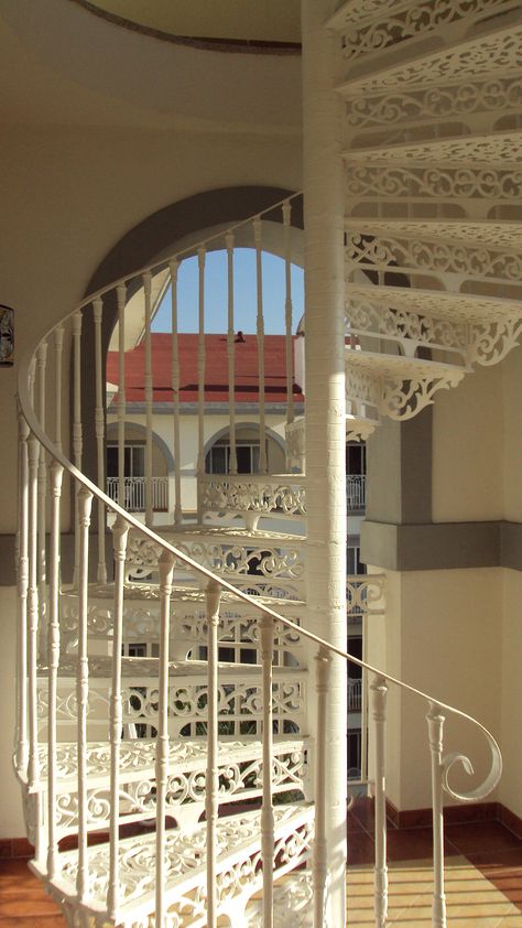 Spiral staircase Gold Spiral Staircase, Small Spiral Staircase Loft, Antique Spiral Staircase, French Spiral Staircase, House With Spiral Staircase, White Spiral Staircase, Swirly Staircase, Spiral Staircase Aesthetic, Spiraling Staircase