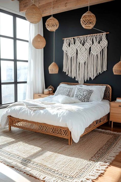 56 Designer Bedrooms with a Bold Black Accent Wall Boho Accent Wall Bedroom, Boho Bedroom Black, Bedroom Black Accent Wall, Black Accent Wall Bedroom Ideas, Accent Wall Bedroom Ideas, Black Accent Wall Bedroom, Black Bedroom Wall, Burnt Orange Bedroom, Airbnb Bedroom