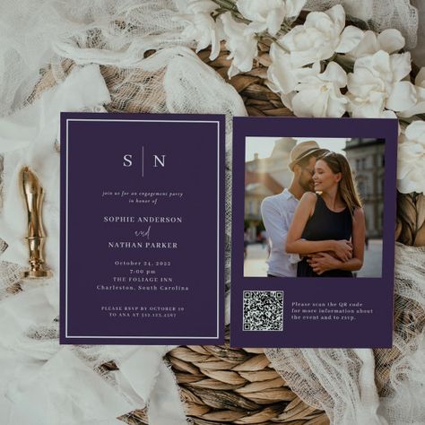 Minimal and Chic | Engagement Party QR Code Photo Invitation These elegant, modern engagement party invitations feature a colorful dark purple and white minimalist text design, with a classic frame at the border. Add your initials or monogram to make them completely your own. The back of the invitation features your favorite personal photo, plus a scannable QR code. Chic Engagement Party, Modern Engagement Party, Qr Code Photo, Retro Wedding Invitations, Photo Engagement, Foil Invitations, Retro Wedding, Photo Invitations, Engagement Party Invitations