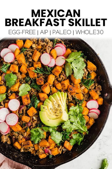 This Mexican Breakfast skillet is a paleo, whole30, and AIP take on an egg-free one-pan meal that's perfect for breakfast or a main dish. Mexican Breakfast Skillet, Cheap Paleo, Wildfit Recipes, Autoimmune Diet Recipes, Aip Diet Recipes, Unbound Wellness, Egg Free Breakfast, Aip Breakfast, Autoimmune Recipes