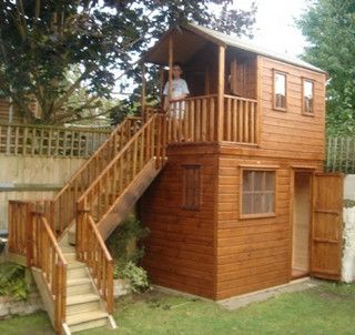 Wooden Playhouse With Storage Shed Underneath - Project code: PC050835 by The Playhouse Company, via Flickr Kids Playhouse Plans, Shed Playhouse, Outside Playhouse, External Staircase, Playhouse Plans, Diy Playhouse, Backyard Playhouse, Build A Playhouse, Wooden Playhouse