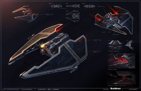 Star Wars the Old Republic- SWTOR concept Art by Ryan Denning Sith Imperial Sith Fury Class Interceptor, Sith Ship Concept Art, Swtor Ships, Star Wars Ship Concept Art, Fury Class Interceptor, Star Wars Concept Art Ships, Republic Cruiser, Star Wars Ships Design, Sith Empire