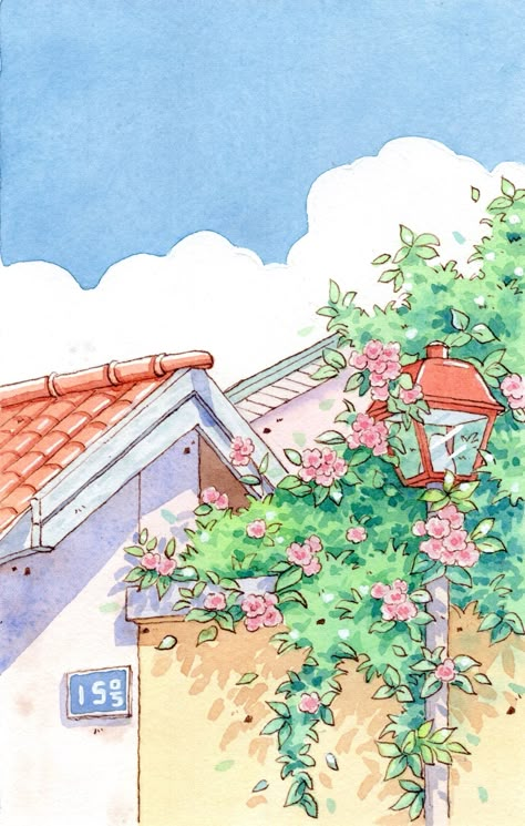 Procreate Building, Architectural Scale, Watercolor House Painting, Art Buildings, Watercolor Art Landscape, Watercolor Art Journal, Aesthetic Architecture, Free Procreate, Japon Illustration