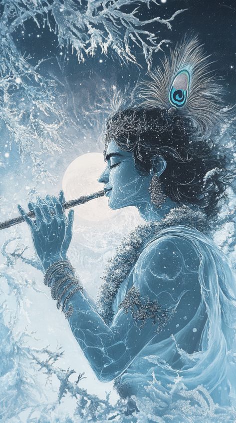 In a peaceful winter scene, Krishna sits by a frozen river, his translucent, icy skin reflecting the soft glow of the snowy surroundings as his flute fills the air with crystalline notes. Hare Krishna Wallpapers, Radhakrishna Images, Frozen River, Krishna Book, Krishna Wallpapers, Jai Shree Krishna, Krishna Wallpaper, Lord Vishnu, Shree Krishna