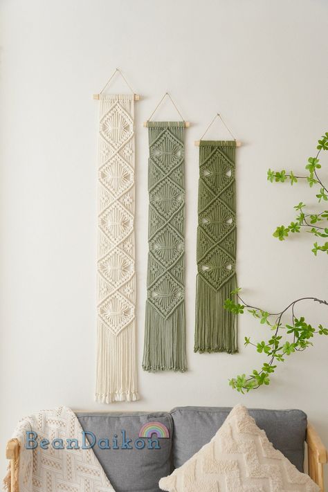 "Elevate your living space with our stunning geometric wall decor. Combining modern and farmhouse styles, this textile wall art adds a touch of mid-century flair to any room. A perfect Mother's Day or housewarming gift, this large tapestry makes a statement piece for your living room, bedroom, or any space in need of a unique, boho touch. This Macrame Wall Hanging is handcrafted/ hand woven with Eco-Friendly Pure Cotton Cord. DETAIL: - Height: + Size S: 34\" ~ 85cm + Size M: 42\" ~ 105cm + Size Geometric Wall Hanging, Pola Macrame, Macrame Weaving, Large Tapestry, Christmas Craft Fair, Macrame Tapestry, Art Mid Century Modern, Large Tapestries, Textile Wall Art